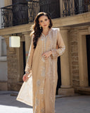 Woman wearing a Golden Beige Korean Raw Silk suit, walking forward with the organza dupatta in hand