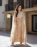 Woman wearing a Golden Beige Korean Raw Silk suit with the organza dupatta draped like a cape