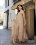 Side profile of a Golden Beige Korean Raw Silk suit with the organza dupatta held outstretched
