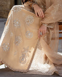 Close-up of the pearl-finished embroidery medallions on a Golden Beige Korean Raw Silk suit
