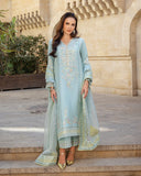 Woman wearing icy blue raw silk suit with organza dupatta standing on stone steps