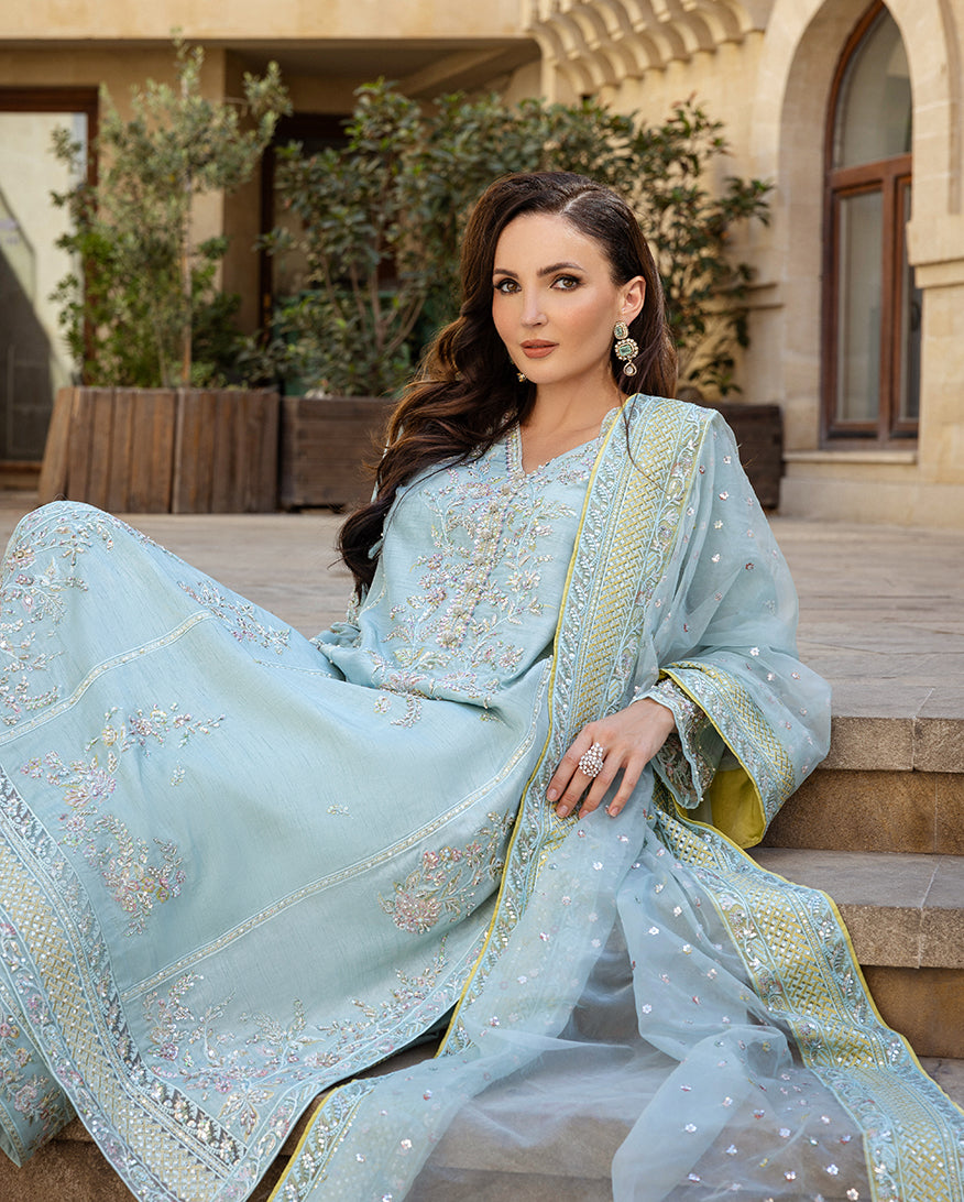 Woman seated on stone steps wearing icy blue raw silk suit with embroidered dupatta pooling