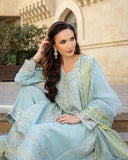Close-up of icy blue raw silk shirt embroidery with organza dupatta and statement earrings