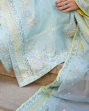 Close-up of embroidered organza dupatta border and floral motifs on icy blue raw silk suit
