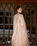 Back view of rose beige raw silk suit showing embroidered dupatta and looking over shoulder