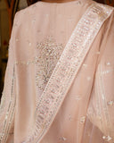Close-up of embroidered back panel and sequinned dupatta border on rose beige raw silk suit