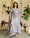 Samiya — Sunehri lavender lama silk suit with embroidered neckline and zari tissue dupatta