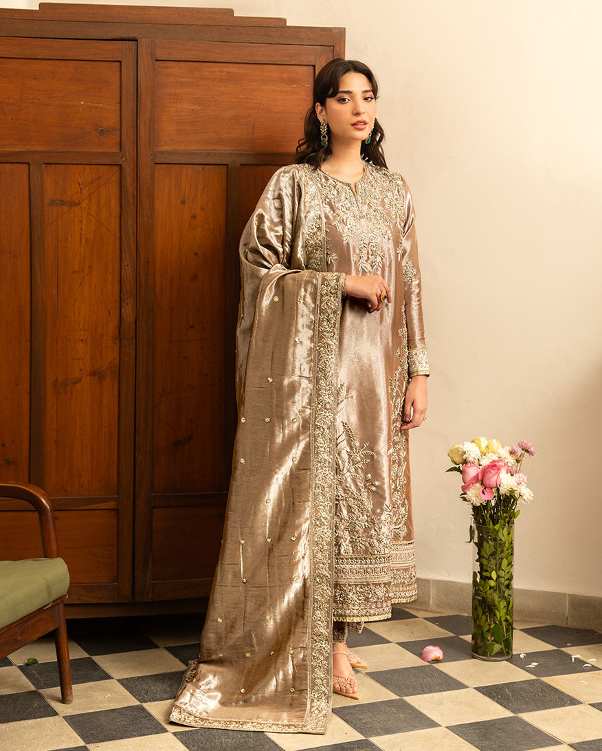 Woman wearing dark beige embellished lama silk suit, front standing