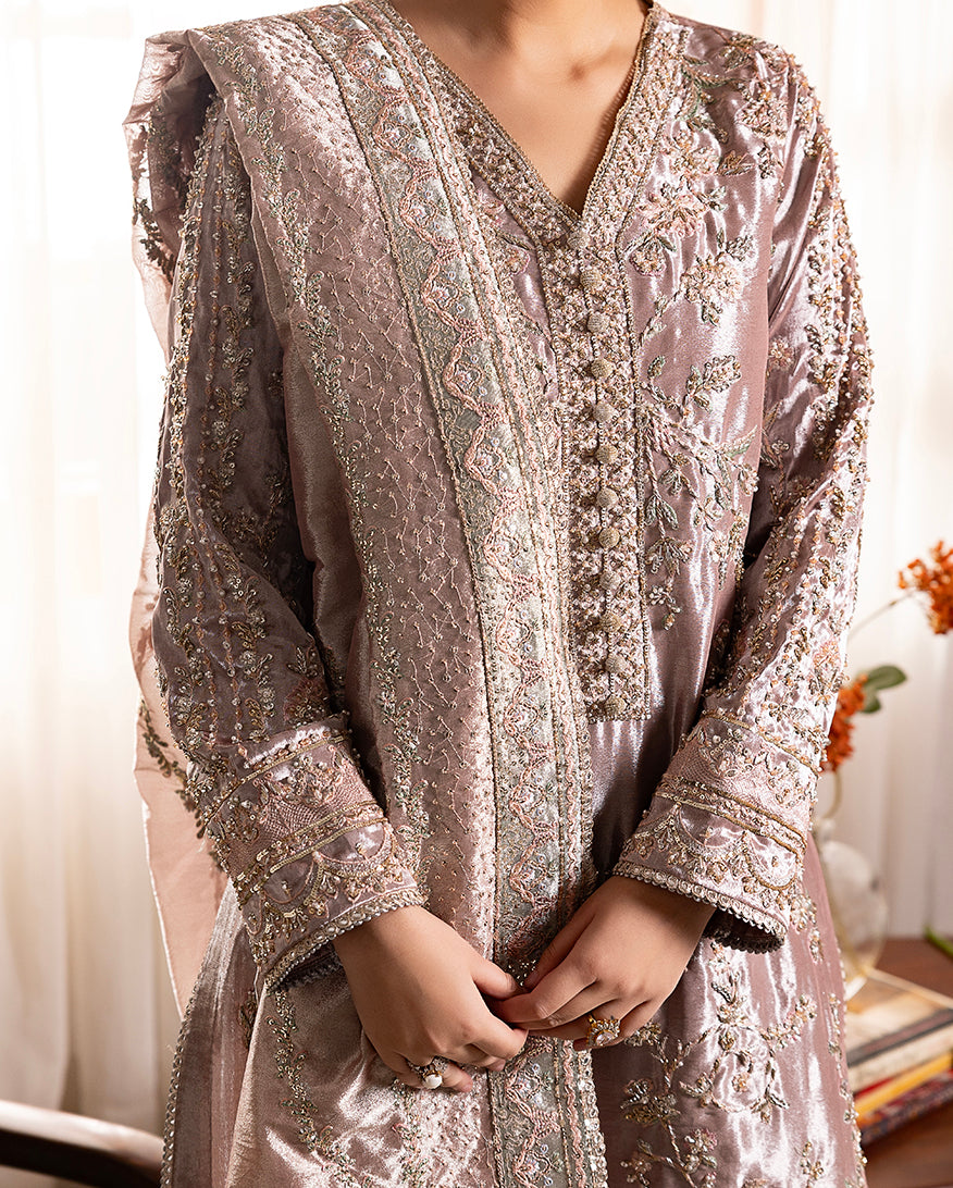 Hamna — Sunehri tea pink embroidered lama silk suit with zari tissue dupatta