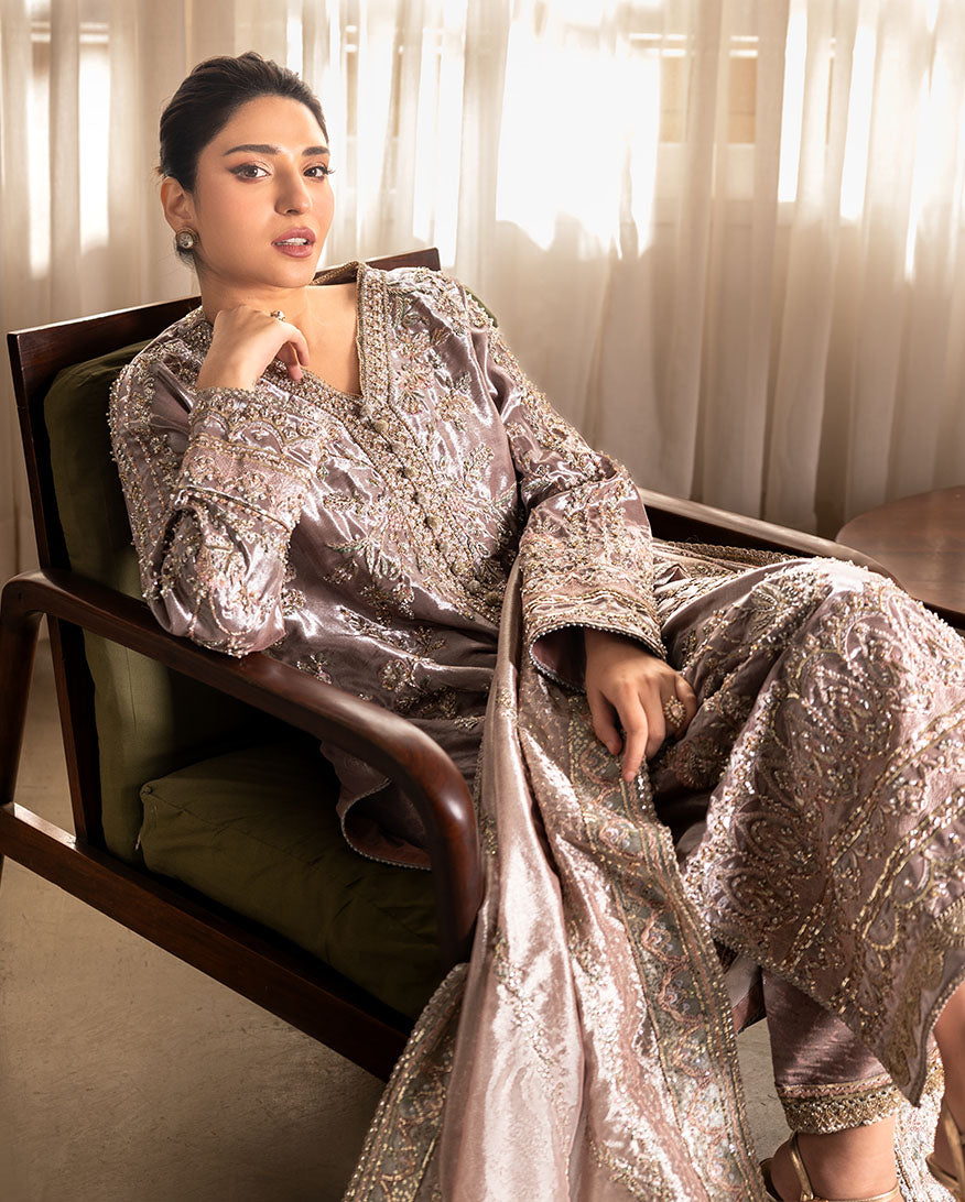 Hamna — Sunehri tea pink embroidered lama silk suit with zari tissue dupatta