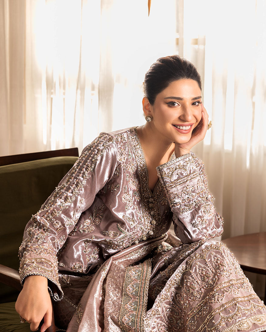 Hamna — Sunehri tea pink embroidered lama silk suit with zari tissue dupatta