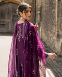 Back view of a Purple Raw Silk suit showing resham-embroidered dupatta detail