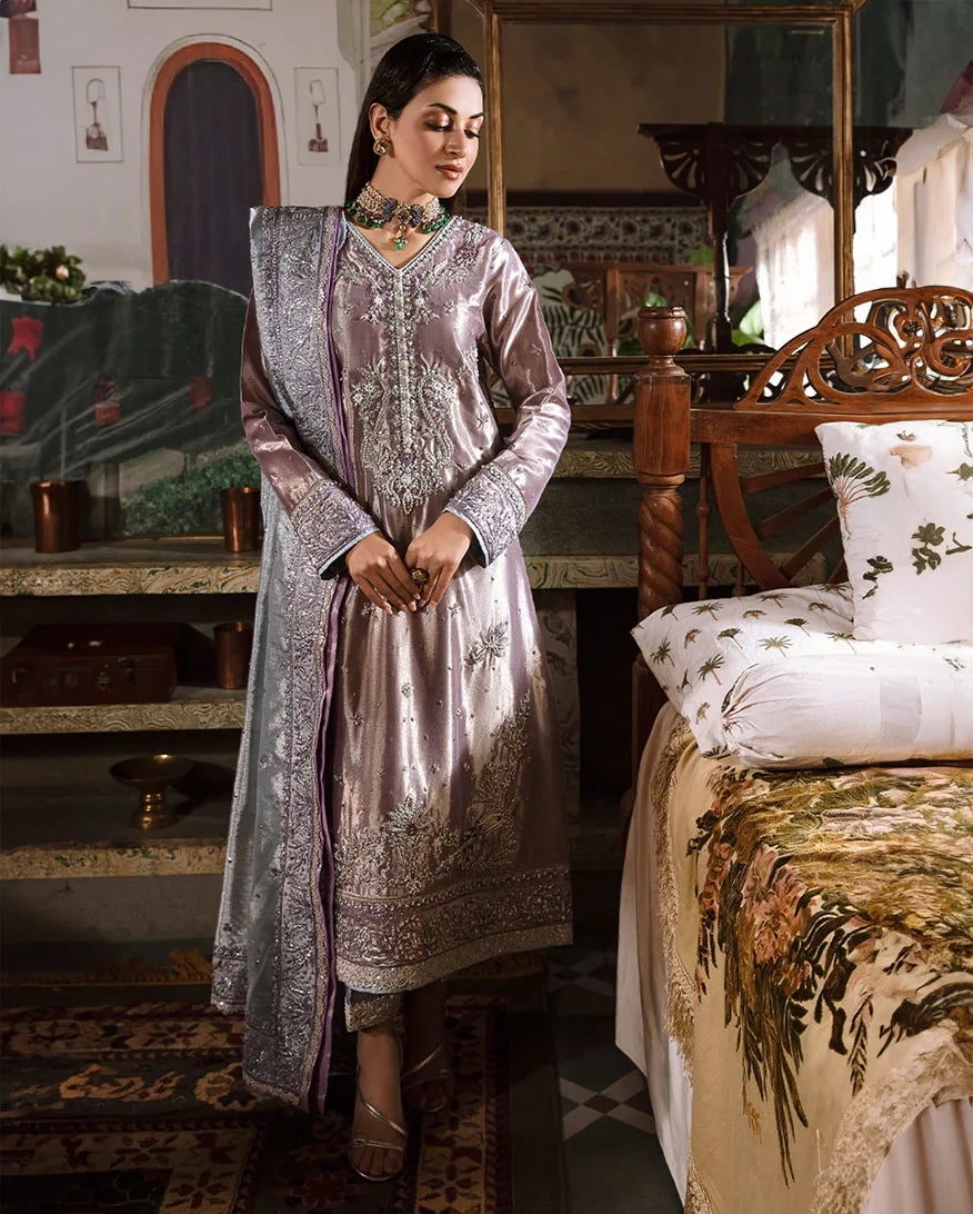 Mehza — Sunehri purple silver zarri silk suit with hand-embellished beadwork and threadwork