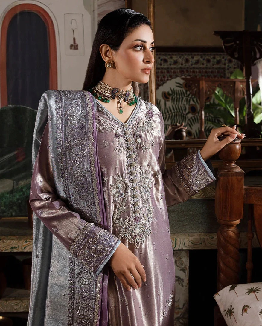 Mehza — Sunehri purple silver zarri silk suit with hand-embellished beadwork and threadwork