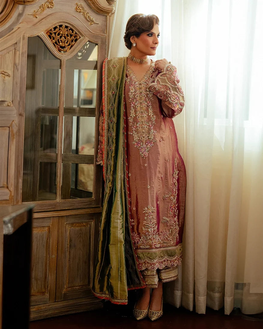 Seema — Sunehri light pink embroidered satin zari suit with zari tissue dupatta