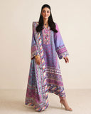 Woman wearing purple printed raw silk suit with striped dupatta border and neckline embroidery