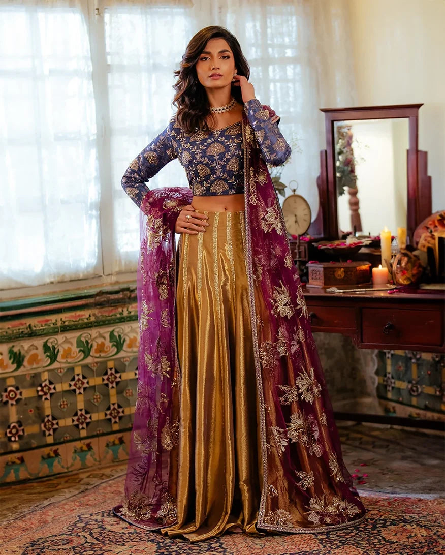 Meena — Sunehri blue embroidered satin zari lehenga with kasab net dupatta