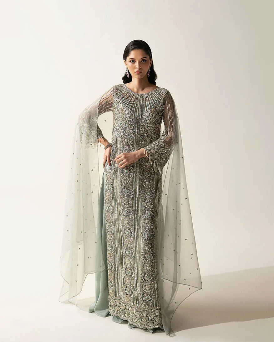 Meline — Fleur mint green embroidered net suit with pearl and crystal dabka embroidery