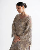 Close-up of pearl and crystal embellished sleeve and bodice on a Lilac Net suit