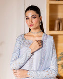 Portrait shot of light blue luxury pret suit with embroidered neckline, Zarminay collection