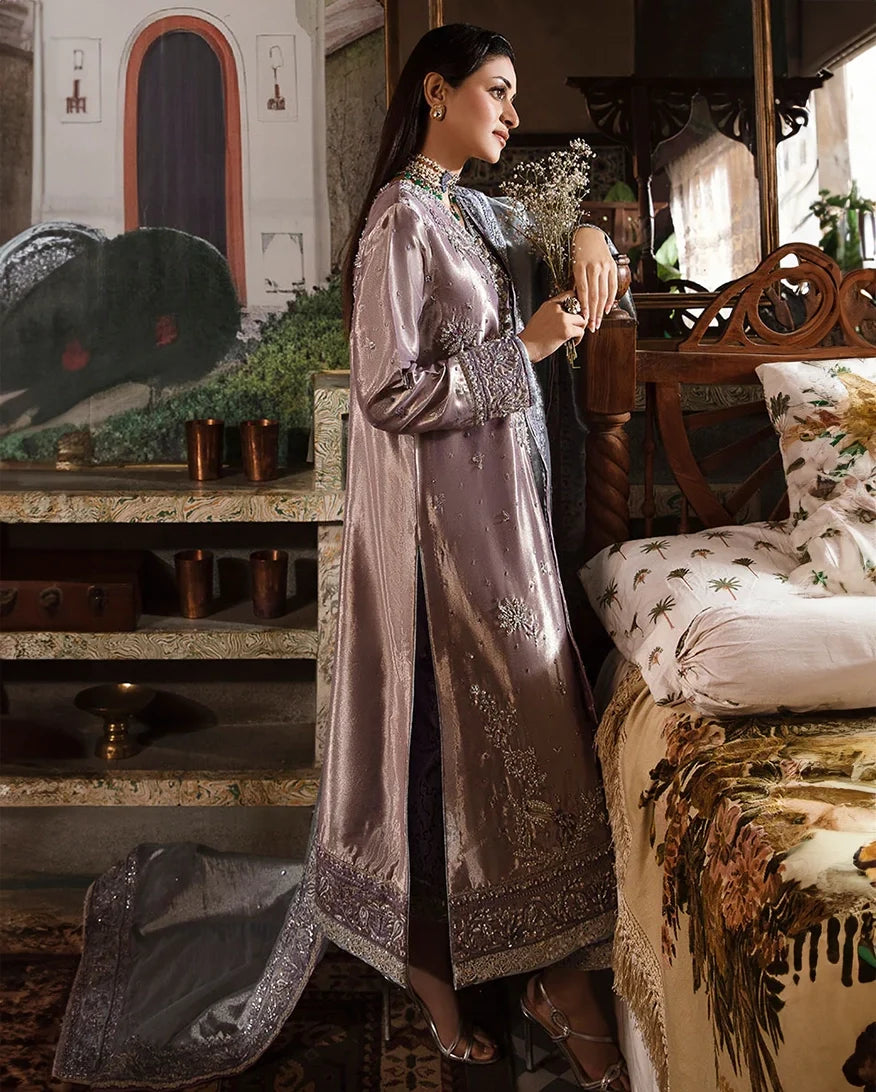 Mehza — Sunehri purple silver zarri silk suit with hand-embellished beadwork and threadwork