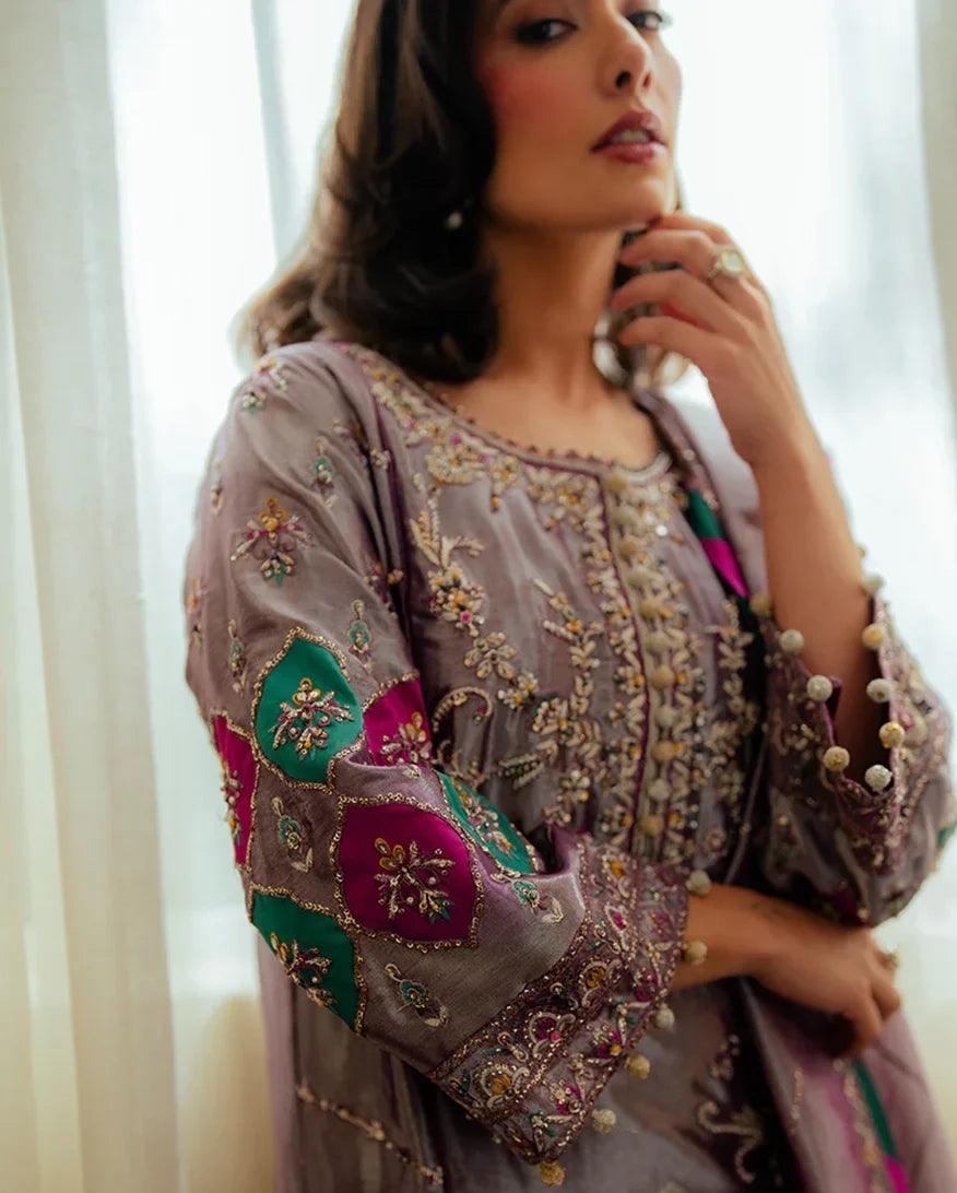 Aaidah — Sunehri lavender embroidered satin zari suit with zari tissue dupatta