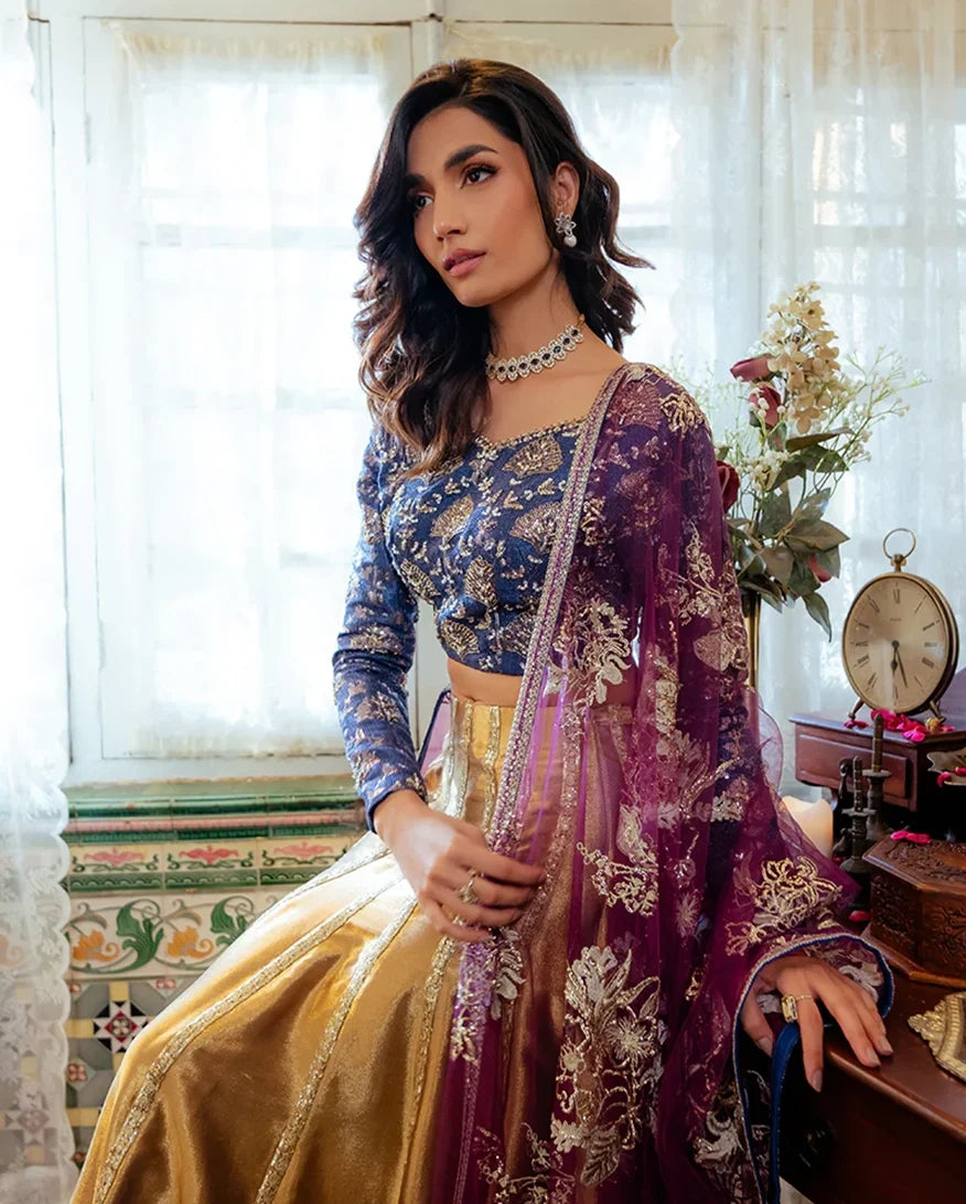 Meena — Sunehri blue embroidered satin zari lehenga with kasab net dupatta
