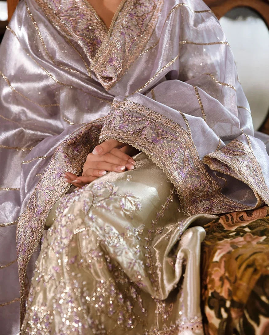 Close-up of embroidered dupatta drape on Mint Green Silver Zarri Silk suit