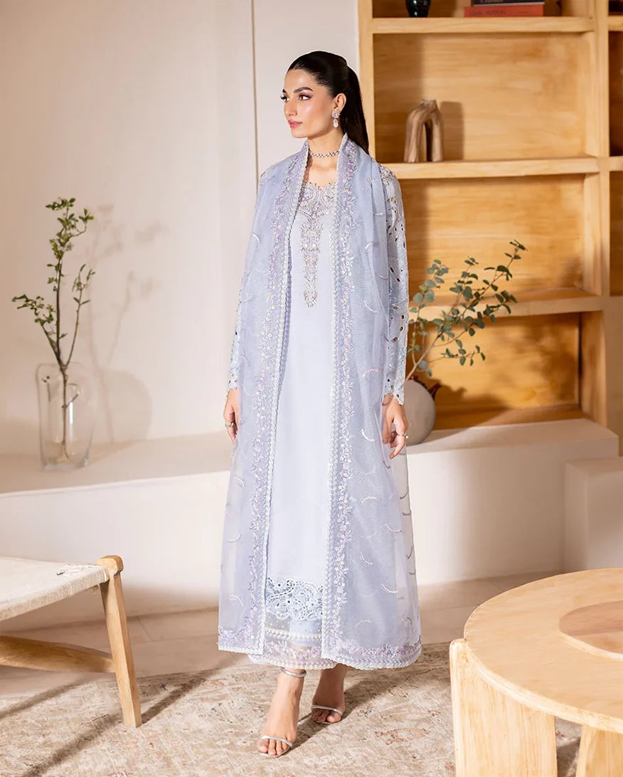 Full-length front view of light blue luxury pret suit with embroidered overlay, Zarminay collection
