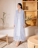 Full-length front view of light blue luxury pret suit with embroidered overlay, Zarminay collection