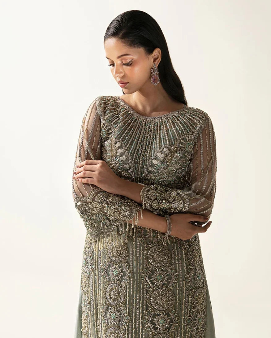 Meline — Fleur mint green embroidered net suit with pearl and crystal dabka embroidery