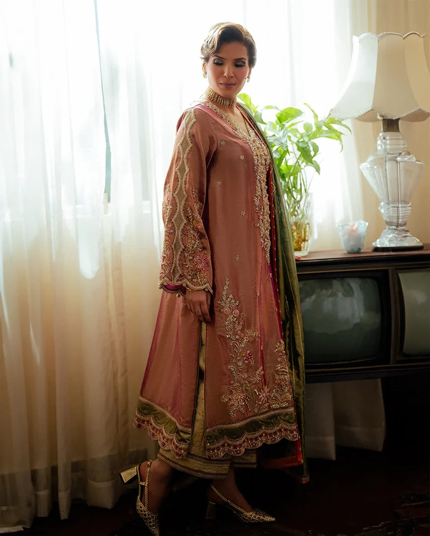 Seema — Sunehri light pink embroidered satin zari suit with zari tissue dupatta