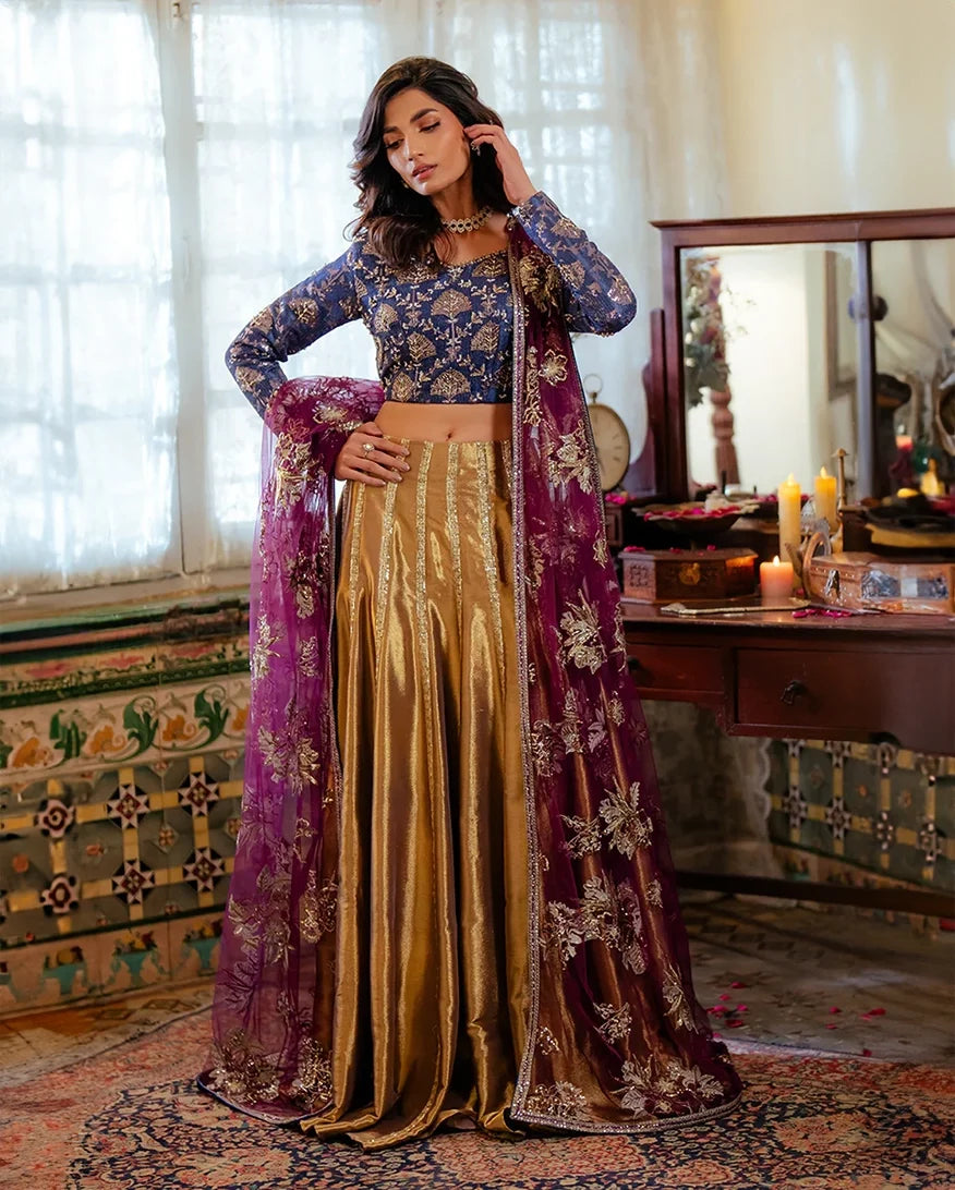 Meena — Sunehri blue embroidered satin zari lehenga with kasab net dupatta