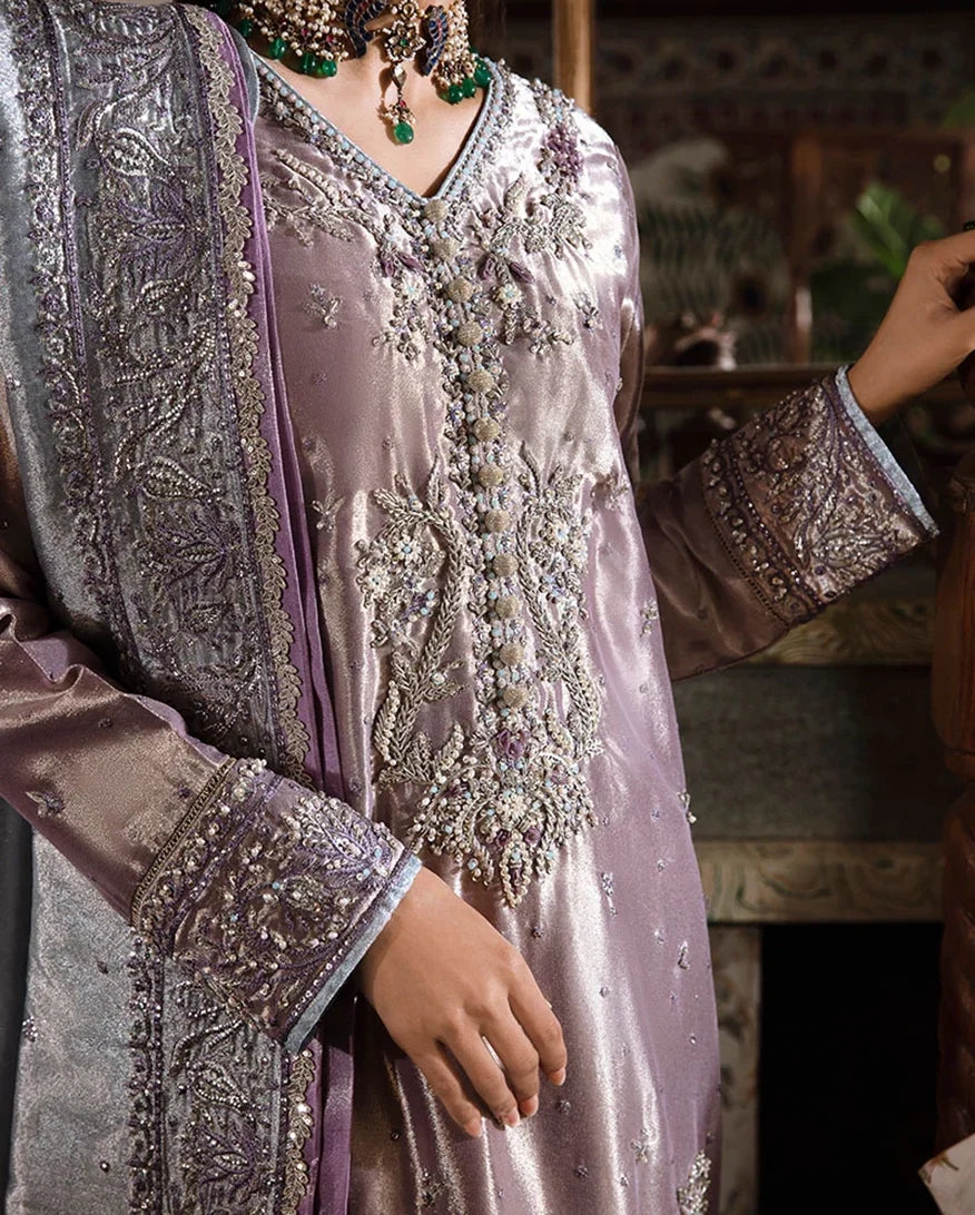 Mehza — Sunehri purple silver zarri silk suit with hand-embellished beadwork and threadwork