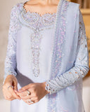 Close-up of neckline and sleeve embroidery on light blue luxury pret suit, Zarminay collection