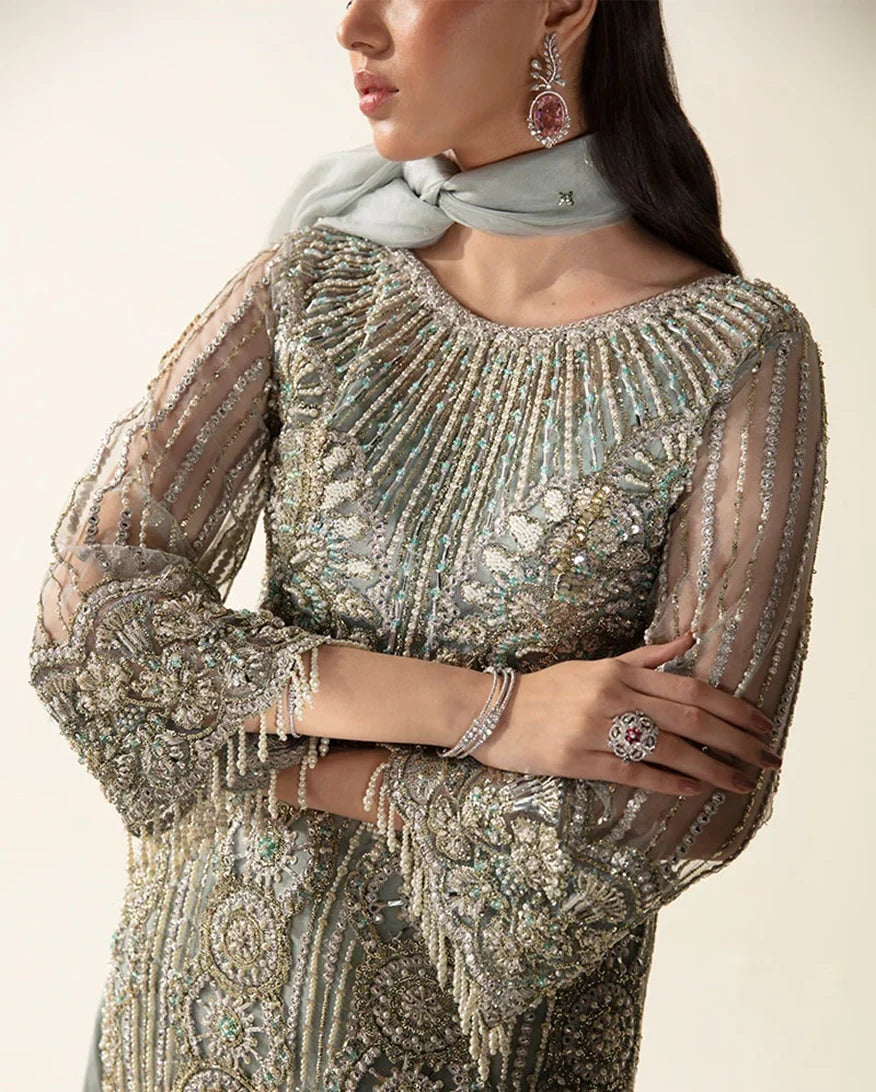 Meline — Fleur mint green embroidered net suit with pearl and crystal dabka embroidery