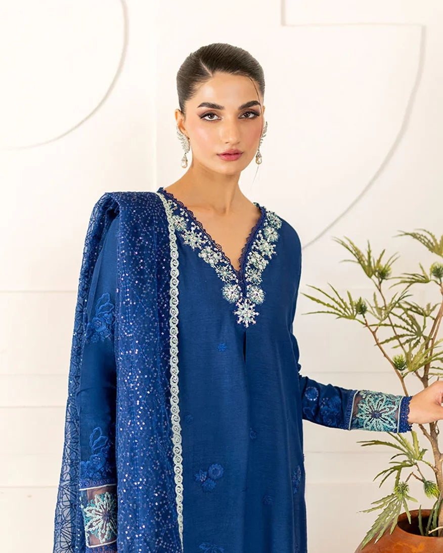 Kayra — Mushq Zarminay blue raw silk suit with embroidered organza dupatta