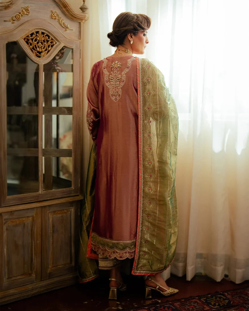 Seema — Sunehri light pink embroidered satin zari suit with zari tissue dupatta