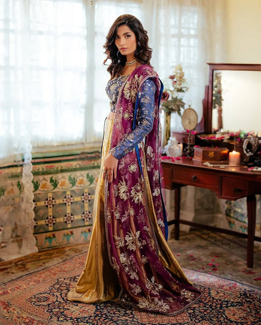 Meena — Sunehri blue embroidered satin zari lehenga with kasab net dupatta