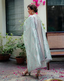 Woman wearing silver satin zari suit, back view, dupatta draped over shoulders