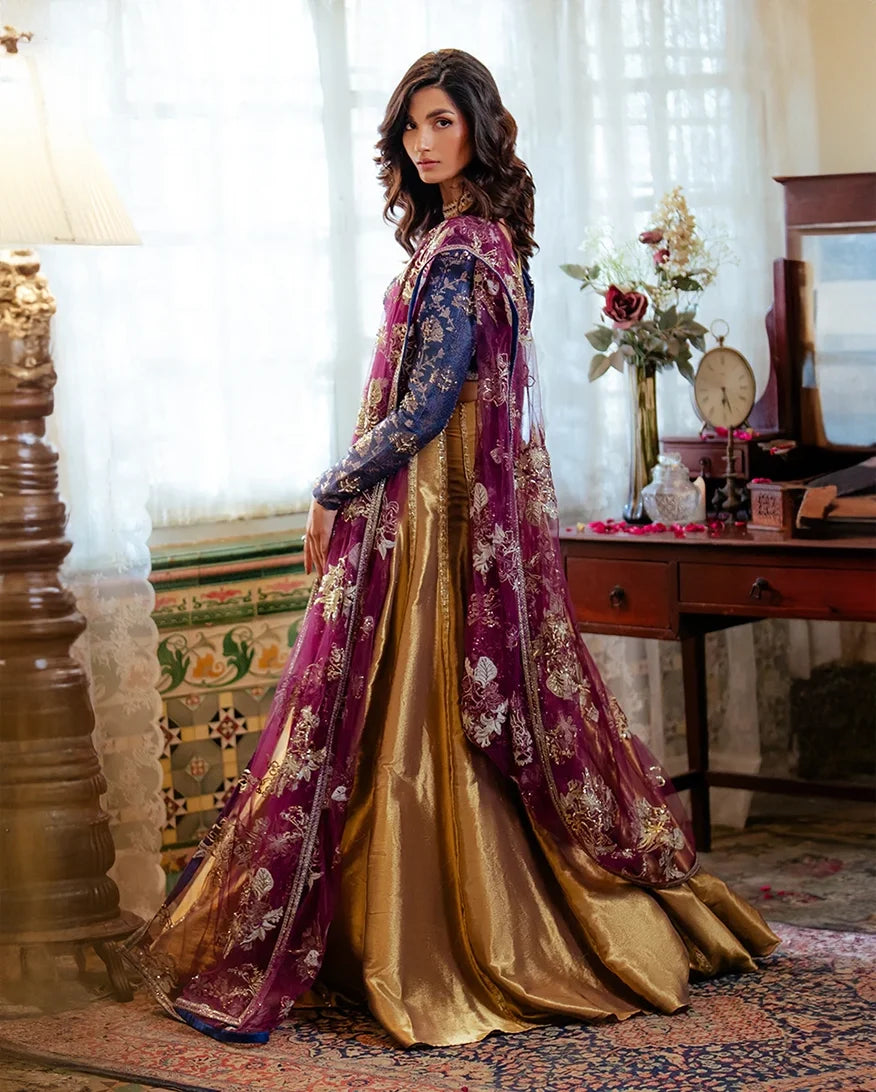 Meena — Sunehri blue embroidered satin zari lehenga with kasab net dupatta