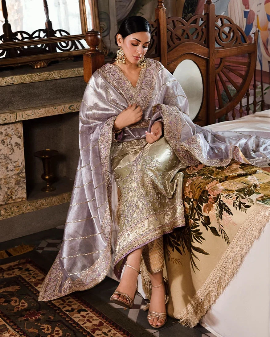 Styled portrait of Mint Green Silver Zarri Silk suit with beadwork and threadwork