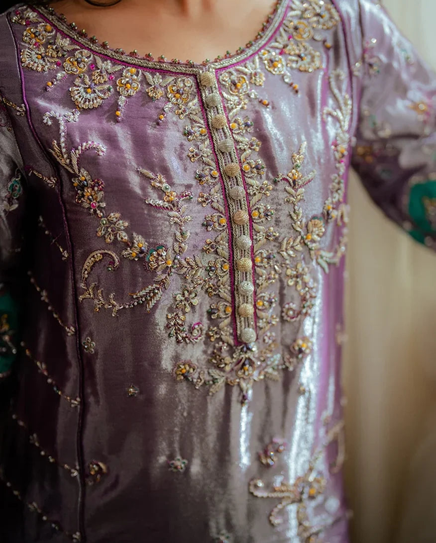 Aaidah — Sunehri lavender embroidered satin zari suit with zari tissue dupatta