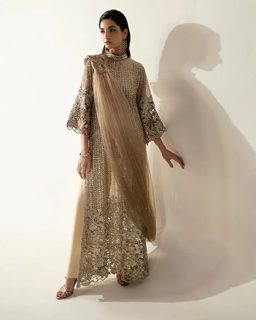 Woman wearing a Pale Gold Net suit with a sheer dupatta draped across the body
