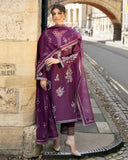 Side view of a Purple Raw Silk suit with an embroidered dupatta draped over the shoulder