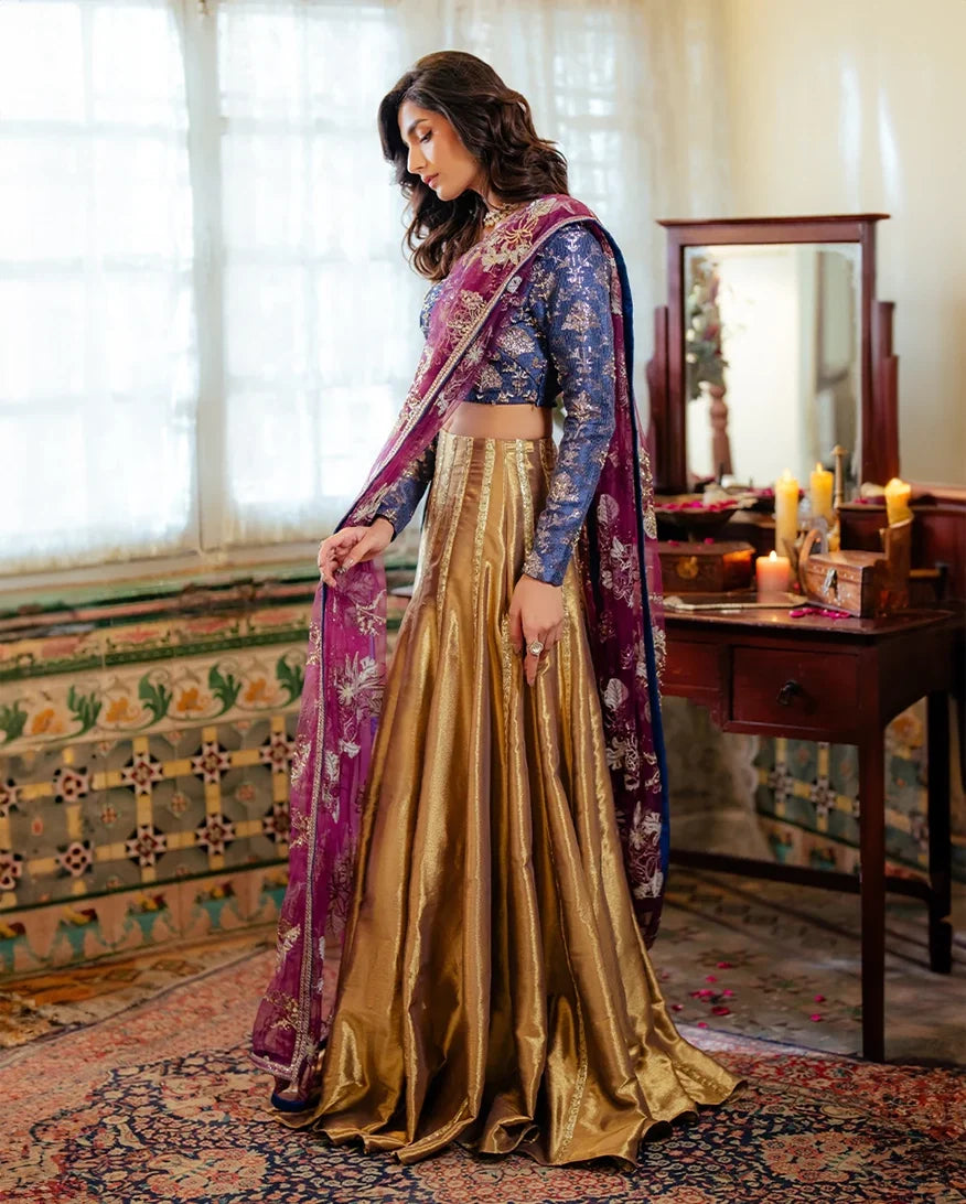 Meena — Sunehri blue embroidered satin zari lehenga with kasab net dupatta
