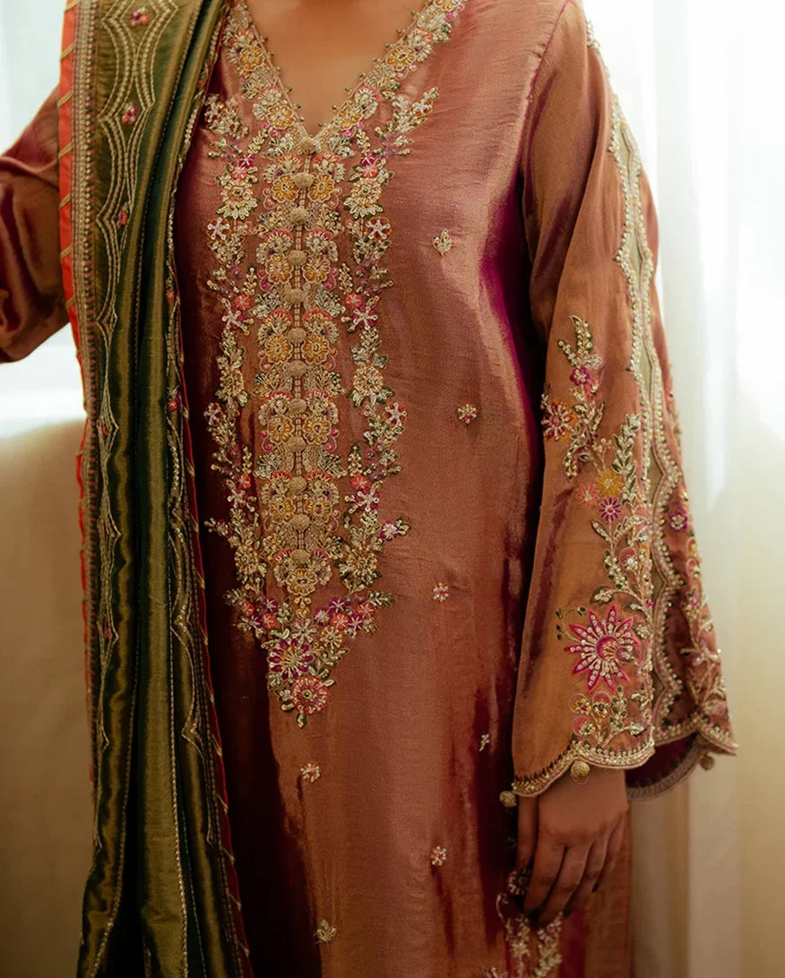 Seema — Sunehri light pink embroidered satin zari suit with zari tissue dupatta