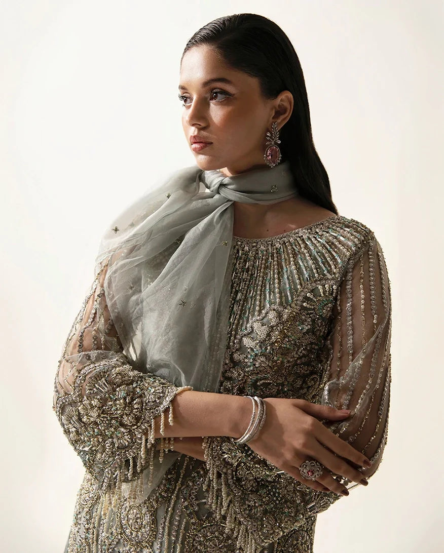 Meline — Fleur mint green embroidered net suit with pearl and crystal dabka embroidery