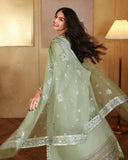 Back view of sage green luxury pret suit with flowing embroidered dupatta, Zarminay collection
