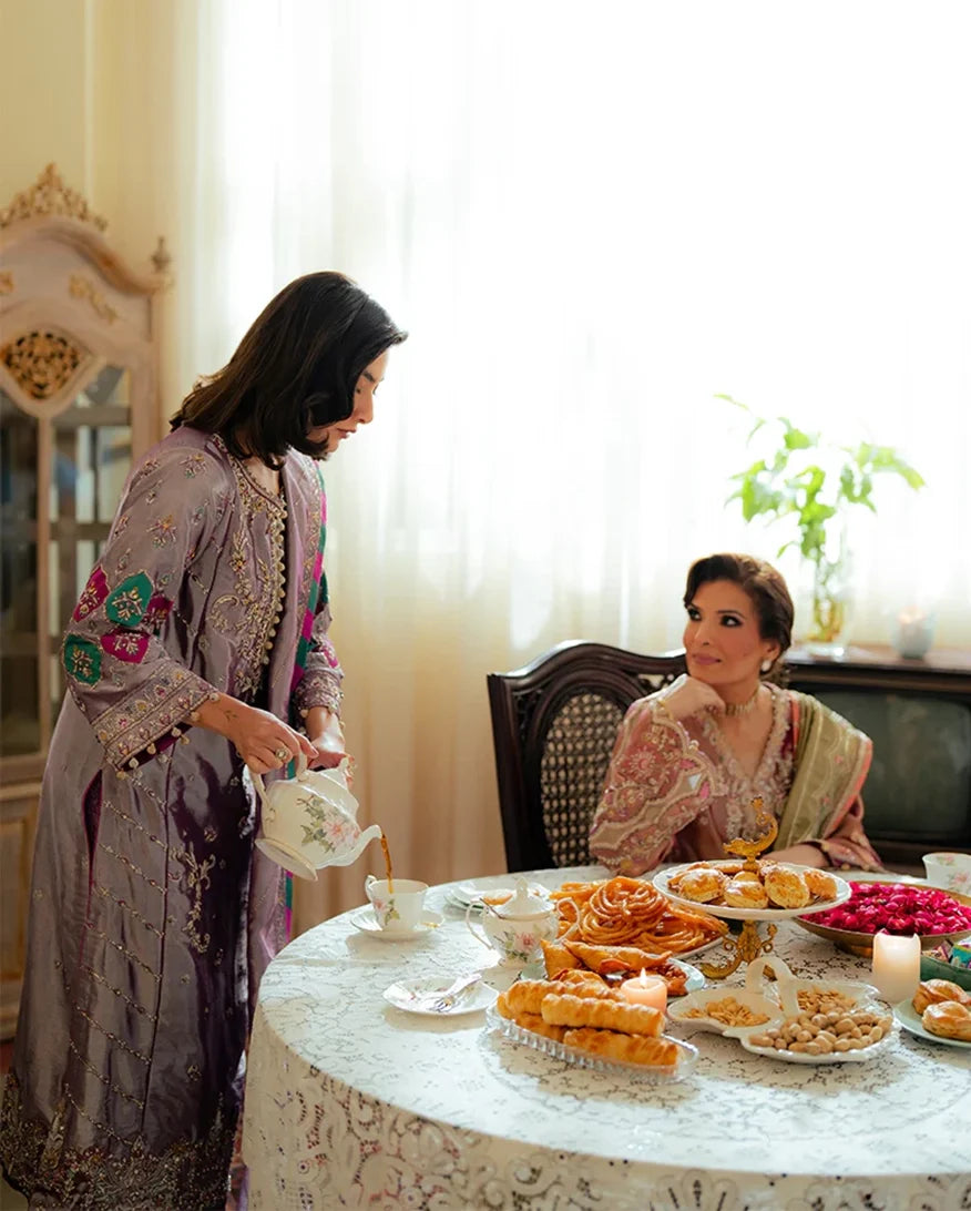 Aaidah — Sunehri lavender embroidered satin zari suit with zari tissue dupatta